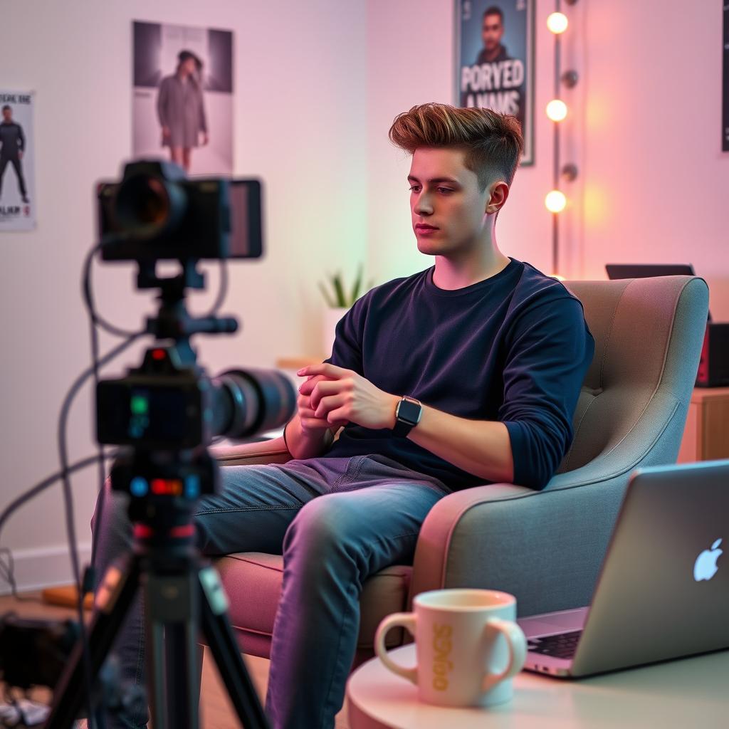 A 20-year-old man sitting comfortably in a chair, focused on creating a video