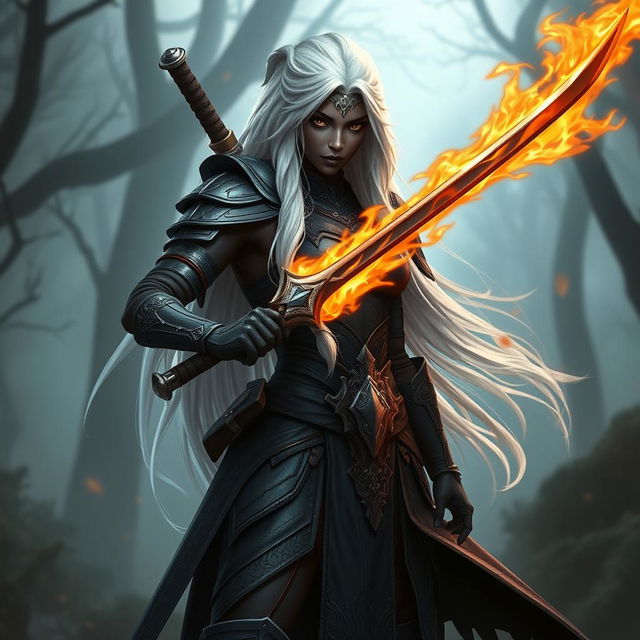 A stunning full-body portrait of a female Shadar-Kai Hexblade warrior, featuring long flowing white hair that contrasts her dark skin