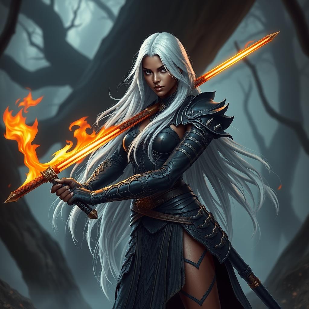 A stunning full-body portrait of a female Shadar-Kai Hexblade warrior, featuring long flowing white hair that contrasts her dark skin