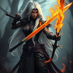 A stunning full-body portrait of a female Shadar-Kai Hexblade warrior, featuring long flowing white hair that contrasts her dark skin