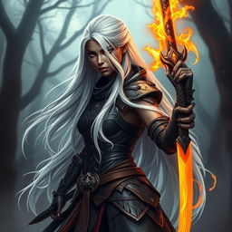A stunning full-body portrait of a female Shadar-Kai Hexblade warrior, featuring long flowing white hair that contrasts her dark skin