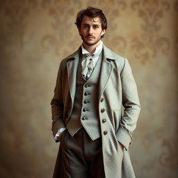 A vintage man dressed in old-fashioned clothing, showcasing a detailed, textured fabric with intricate patterns