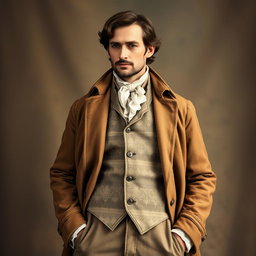 A vintage man dressed in old-fashioned clothing, showcasing a detailed, textured fabric with intricate patterns