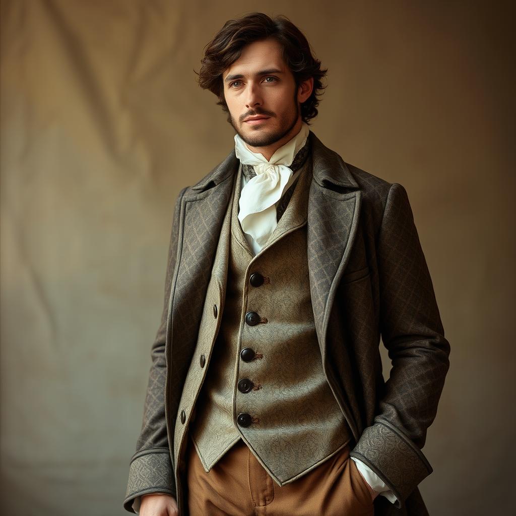 A vintage man dressed in old-fashioned clothing, showcasing a detailed, textured fabric with intricate patterns