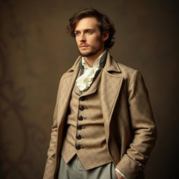 A vintage man dressed in old-fashioned clothing, showcasing a detailed, textured fabric with intricate patterns