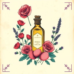 A collage-style poster featuring a central traditional herbal oil bottle, surrounded by layered hand-drawn illustrations of rose petals and lavender branches