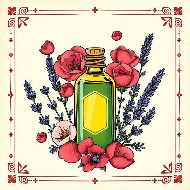 A collage-style poster featuring a central traditional herbal oil bottle, surrounded by layered hand-drawn illustrations of rose petals and lavender branches