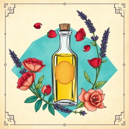 A collage-style poster featuring a central traditional herbal oil bottle, surrounded by layered hand-drawn illustrations of rose petals and lavender branches