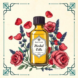 A collage-style poster featuring a central traditional herbal oil bottle, surrounded by layered hand-drawn illustrations of rose petals and lavender branches