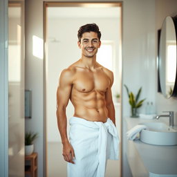 A young man standing in the doorway of a modern bathroom, wearing a towel wrapped around his hips