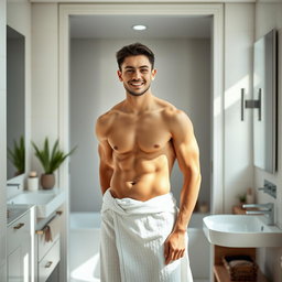 A young man standing in the doorway of a modern bathroom, wearing a towel wrapped around his hips