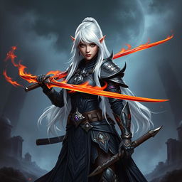 A full-body portrait of a female Shadar-Kai Hexblade Warrior, featuring striking white hair cascading down her back