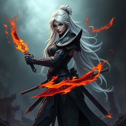 A full-body portrait of a female Shadar-Kai Hexblade Warrior, featuring striking white hair cascading down her back