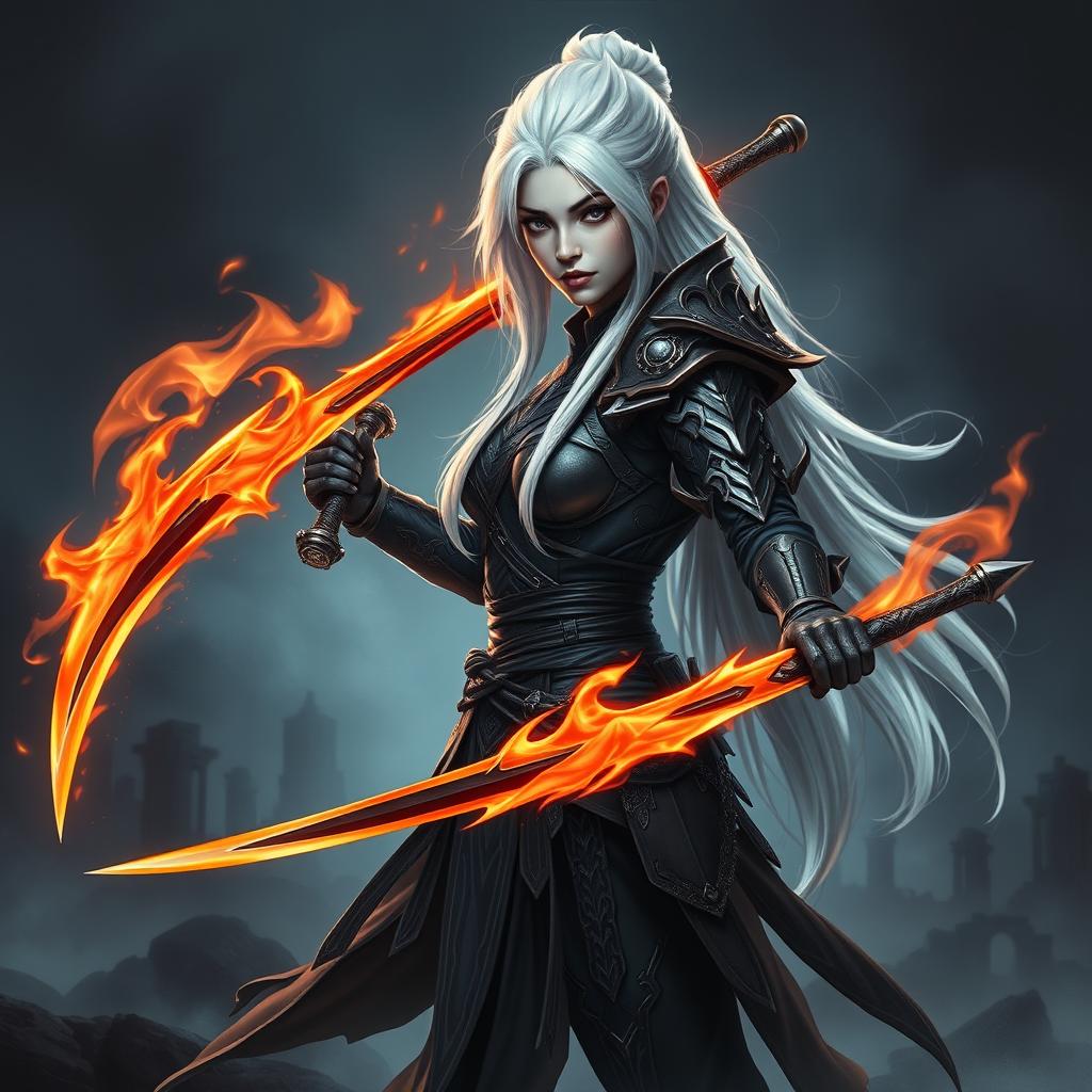 A full-body portrait of a female Shadar-Kai Hexblade Warrior, featuring striking white hair cascading down her back