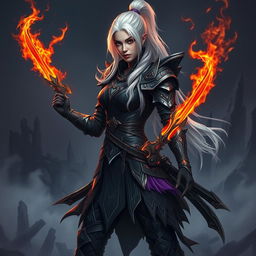 A full-body portrait of a female Shadar-Kai Hexblade Warrior, featuring striking white hair cascading down her back