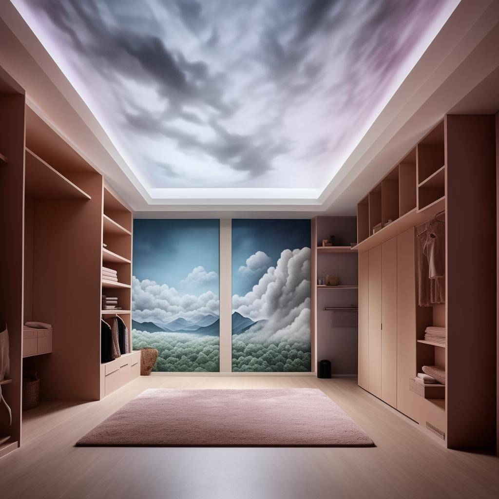 Generate an image of a large room with a cloudscape painted on the ceiling. In the middle, a bed attached to the wall, next to it a grand mirror and sizable wardrobe filled with compartments. The soft matted floor and a wall-encompassed waterfall opposite the bed create serene ambiance. An empty wall boasts a light-dark colour gradient. Lastly, incorporate a spacious study table and wall-fitted shelves.