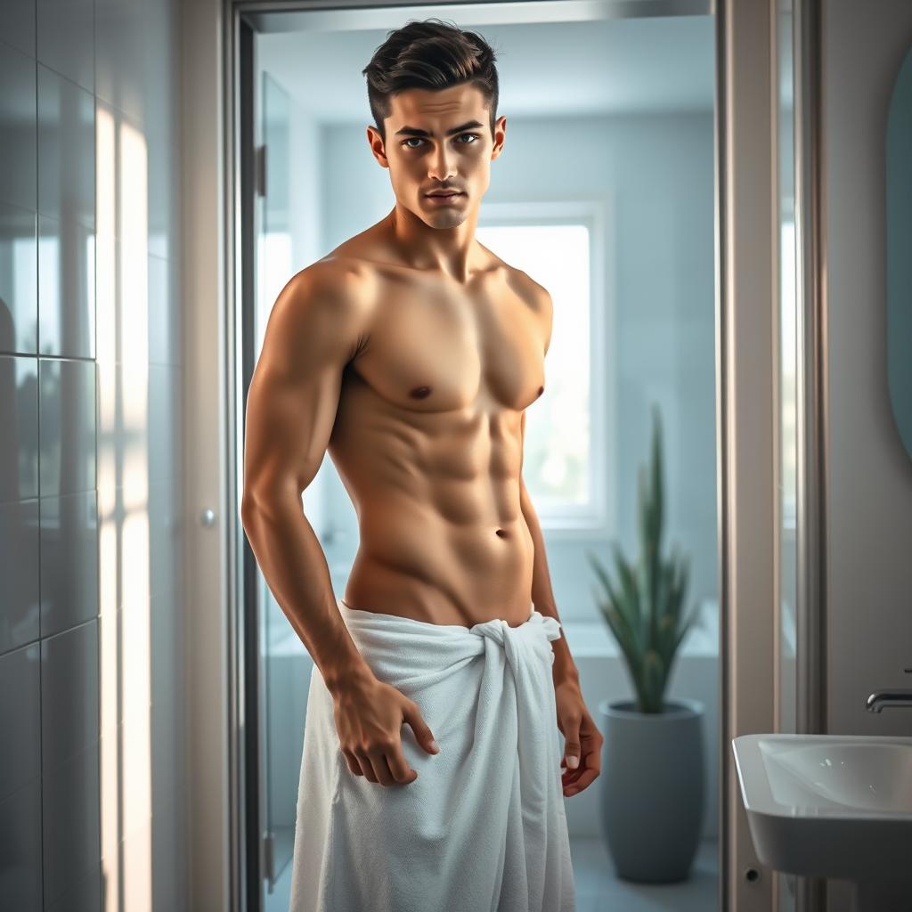 A young man standing in the doorway of a modern bathroom, wearing a towel wrapped around his hips, looking passionate and alluring