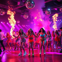 A vibrant disco scene featuring colorful lights and a dynamic atmosphere where people are roller skating joyfully