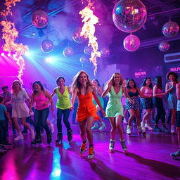 A vibrant disco scene featuring colorful lights and a dynamic atmosphere where people are roller skating joyfully