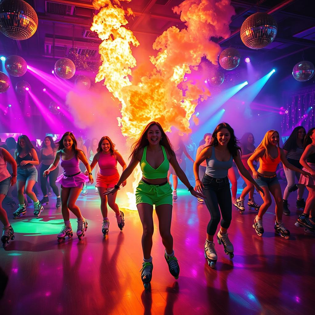 A vibrant disco scene featuring colorful lights and a dynamic atmosphere where people are roller skating joyfully