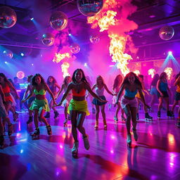 A vibrant disco scene featuring colorful lights and a dynamic atmosphere where people are roller skating joyfully