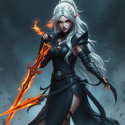 A full-body portrait of a female Shadar-Kai hexblade warrior with striking white hair, featuring an intricate, darkly elegant outfit that embodies mystical elements of the Shadowfell