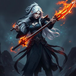 A full-body portrait of a female Shadar-Kai hexblade warrior with striking white hair, featuring an intricate, darkly elegant outfit that embodies mystical elements of the Shadowfell