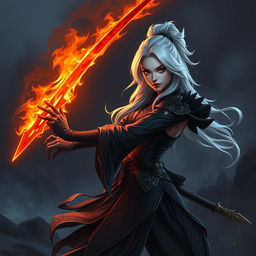 A full-body portrait of a female Shadar-Kai hexblade warrior with striking white hair, featuring an intricate, darkly elegant outfit that embodies mystical elements of the Shadowfell