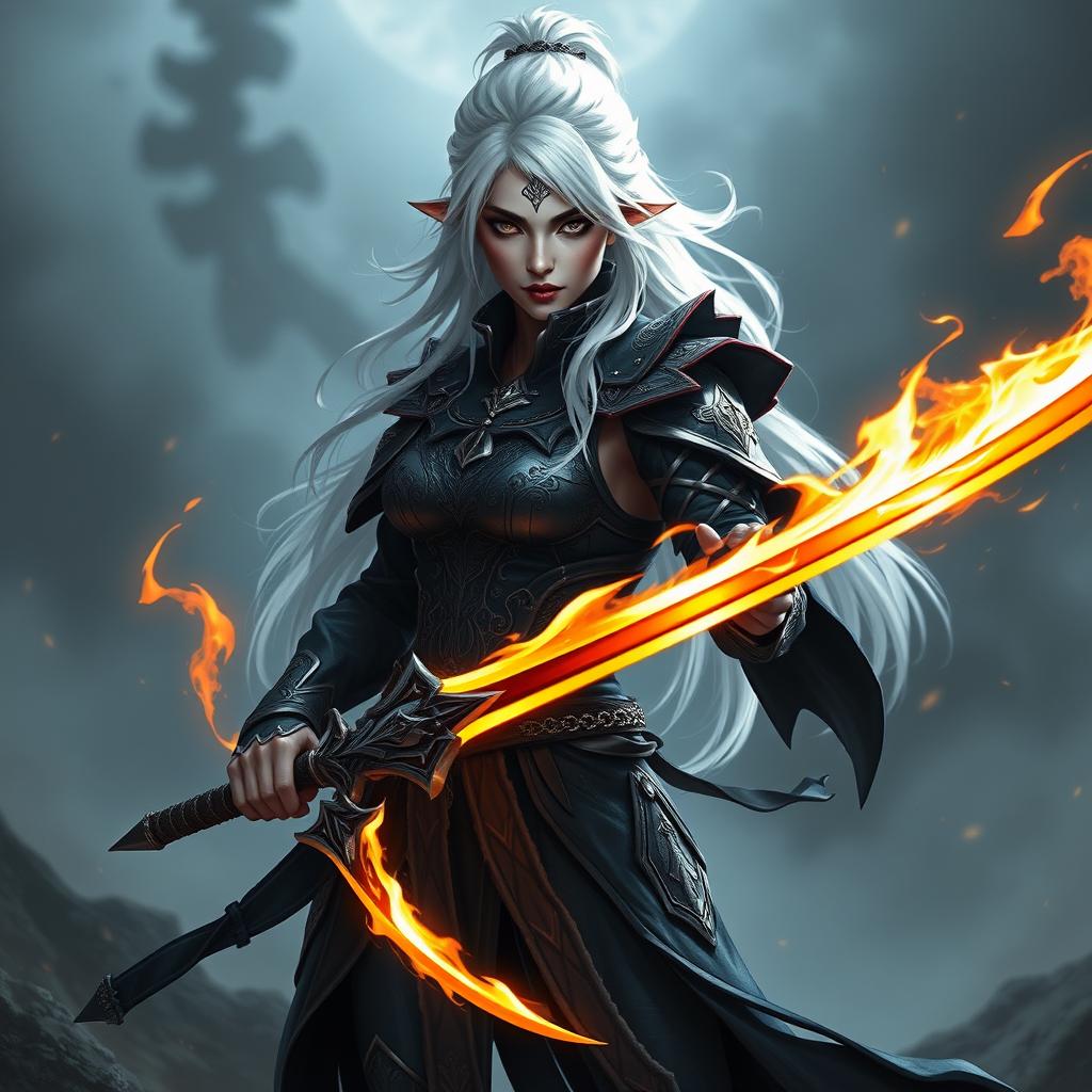 A full-body portrait of a female Shadar-Kai hexblade warrior with striking white hair, featuring an intricate, darkly elegant outfit that embodies mystical elements of the Shadowfell