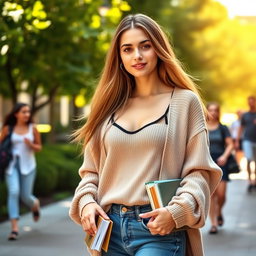 A beautiful, confident college student in a trendy outfit, wearing a stylish bralette under a loose-fitting, oversized sweater
