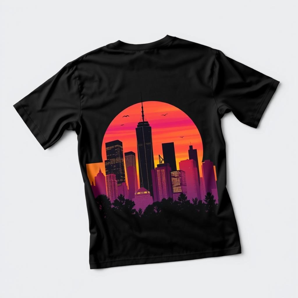 A stylish black t-shirt design featuring a large, intricate graphic on the back