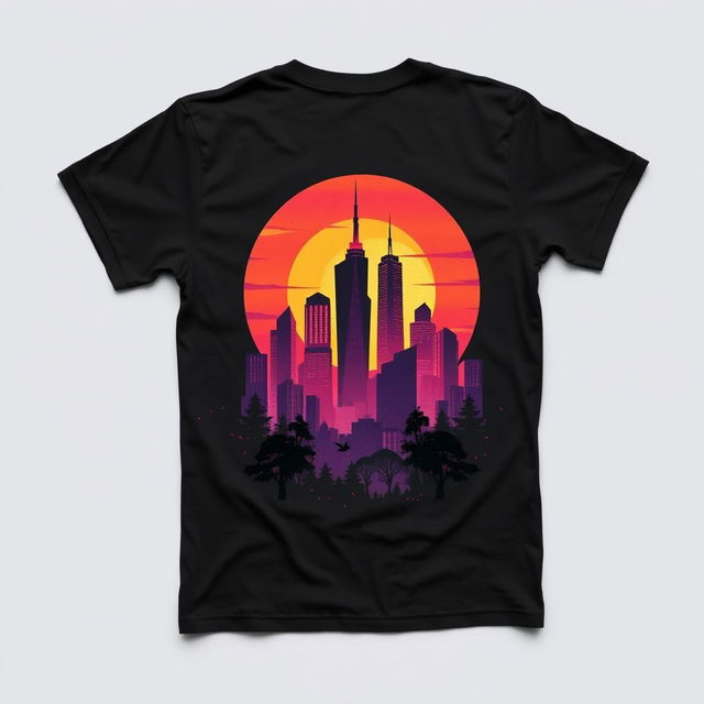 A stylish black t-shirt design featuring a large, intricate graphic on the back