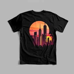 A stylish black t-shirt design featuring a large, intricate graphic on the back