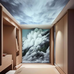 Generate an image of a large room with a cloudscape painted on the ceiling. In the middle, a bed attached to the wall, next to it a grand mirror and sizable wardrobe filled with compartments. The soft matted floor and a wall-encompassed waterfall opposite the bed create serene ambiance. An empty wall boasts a light-dark colour gradient. Lastly, incorporate a spacious study table and wall-fitted shelves.