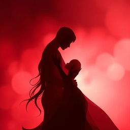 An abstract representation of intimacy and connection, featuring two silhouettes coming together in a warm embrace