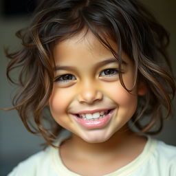 A portrait of a young girl with a playful expression, featuring her two front teeth prominently sticking out and resting on her lips