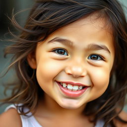 A portrait of a young girl with a playful expression, featuring her two front teeth prominently sticking out and resting on her lips