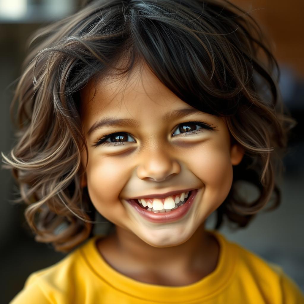 A portrait of a young girl with a playful expression, featuring her two front teeth prominently sticking out and resting on her lips