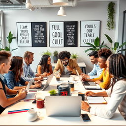 A vibrant corporate office scene depicting a diverse group of professionals collaborating in a dynamic environment