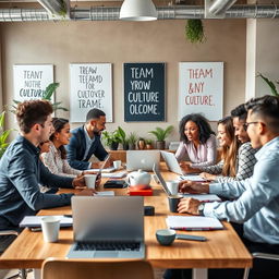 A vibrant corporate office scene depicting a diverse group of professionals collaborating in a dynamic environment