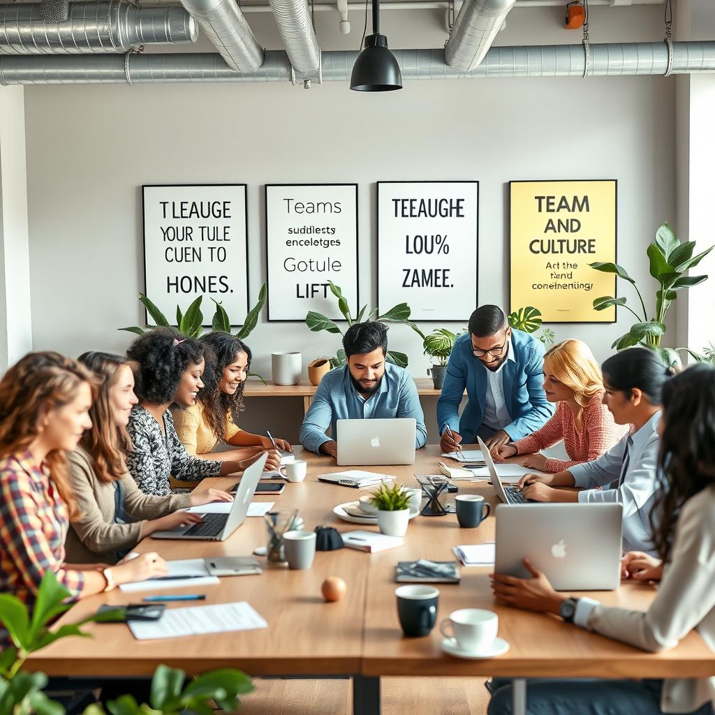 A vibrant corporate office scene depicting a diverse group of professionals collaborating in a dynamic environment