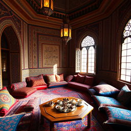 A traditional Arabian majlis, featuring colorful floor cushions and ornate rugs, surrounded by intricately patterned walls adorned with beautiful Arabic calligraphy