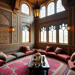 A traditional Arabian majlis, featuring colorful floor cushions and ornate rugs, surrounded by intricately patterned walls adorned with beautiful Arabic calligraphy