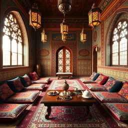 A traditional Arabian majlis, featuring colorful floor cushions and ornate rugs, surrounded by intricately patterned walls adorned with beautiful Arabic calligraphy