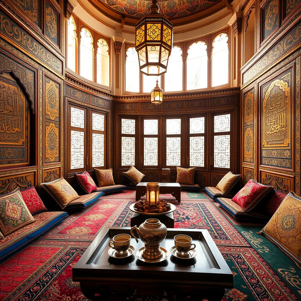 A traditional Arabian majlis, featuring colorful floor cushions and ornate rugs, surrounded by intricately patterned walls adorned with beautiful Arabic calligraphy