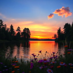 A beautiful sunset over a serene lake, with vibrant orange and pink colors reflecting on the water's surface