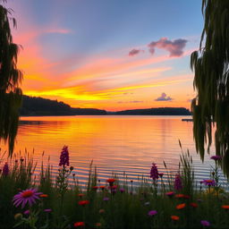 A beautiful sunset over a serene lake, with vibrant orange and pink colors reflecting on the water's surface