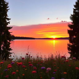 A beautiful sunset over a serene lake, with vibrant orange and pink colors reflecting on the water's surface