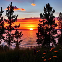 A beautiful sunset over a serene lake, with vibrant orange and pink colors reflecting on the water's surface