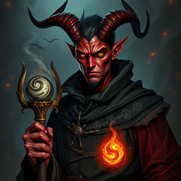 A male infernal tiefling warlock showcasing his dark, mysterious aura